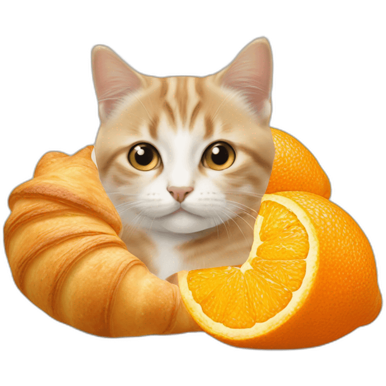 Chaton mange un croissant et une orange emoji