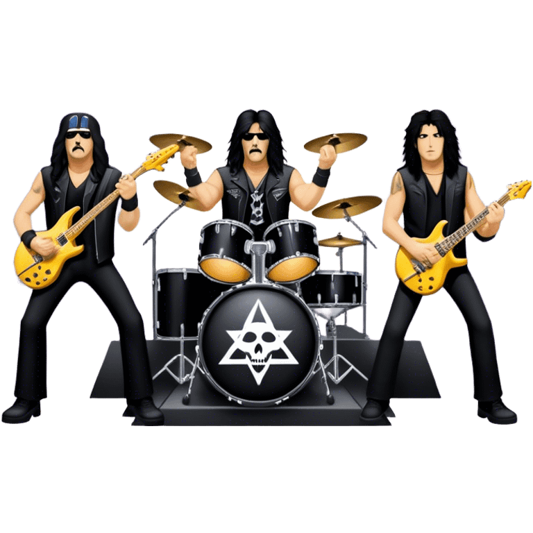 Icon for Heavy Metal: Anthrax live concert with Charlie Benante on drums, Joey Belladonna on vocals, Frank Bello on bass, Jonathan Donais and Scott Ian on guitars. The intense energy of the band is captured with instruments and stage lighting. Transparent background. emoji