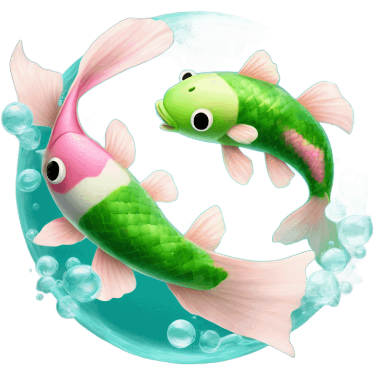 Pisces Two realistic green and blue the other pink and white koi fish swimming in circle ying yang cloudy dreamy bubbles  emoji