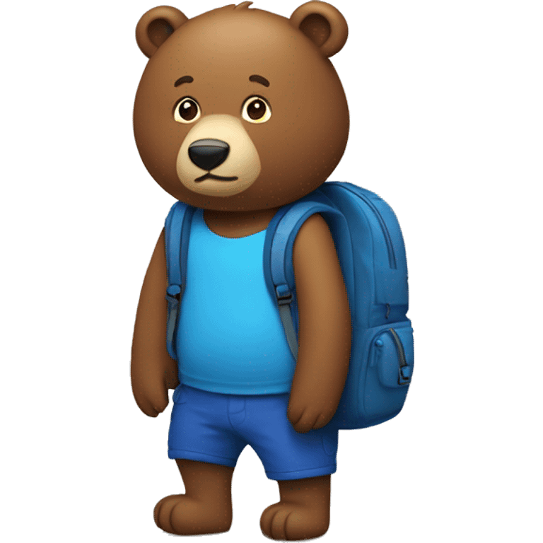 rounded circular brown bear wearing blue backpack emoji