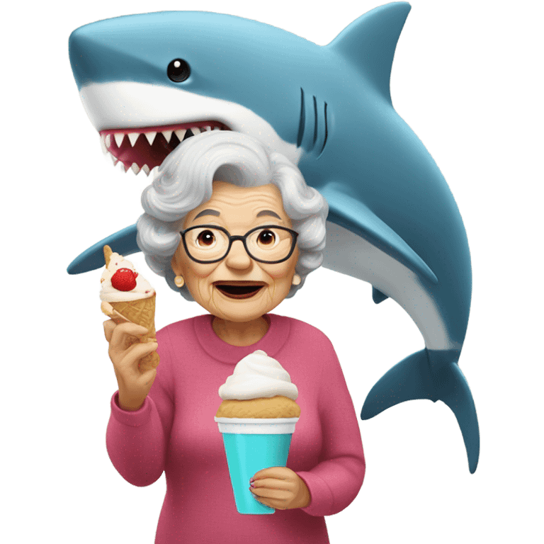 Grandma with a shark hat eating ice cream emoji