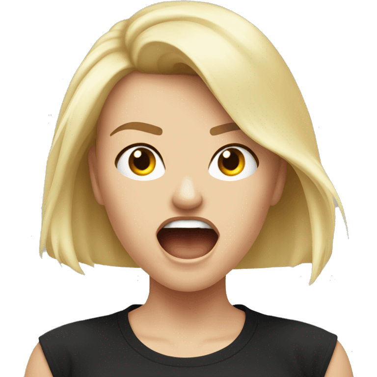 A beautiful white woman blonde model is angry and screaming in a black T-shirt with a thunder logo emoji