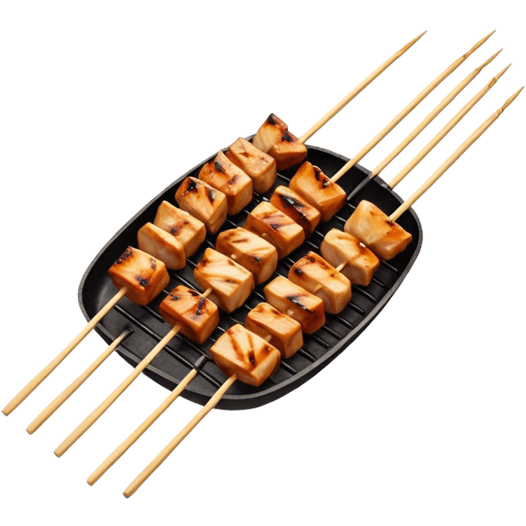 Cinematic Realistic Yakitori Dish Emoji, depicted as skewered, grilled chicken pieces with a charred finish rendered with crisp textures and appetizing, natural lighting. emoji