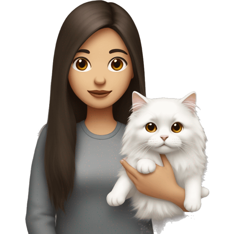 Dark brown straight hair girl with holding fluffy Siberian white cat  emoji