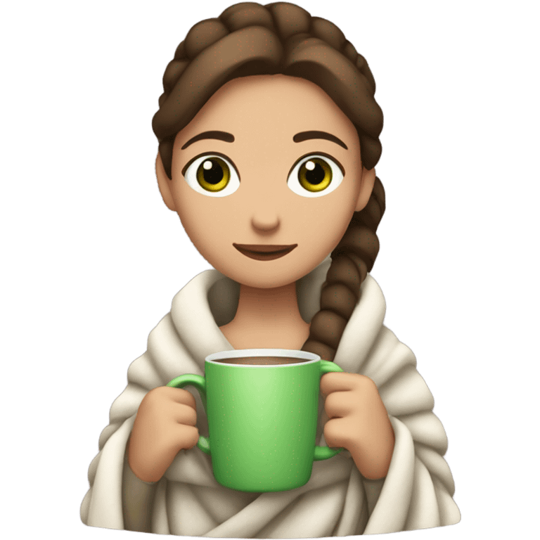 girl with brown hair with a ponytail wrapped in a blanket, she has green eyes, she is also holding a mug of hot chocolate. emoji