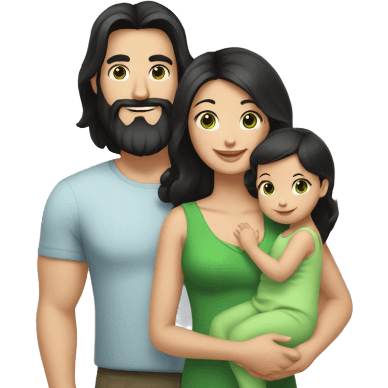 dad with black beard, white skin mom with long straight black hair and green eyes, and baby girl  with black hair emoji