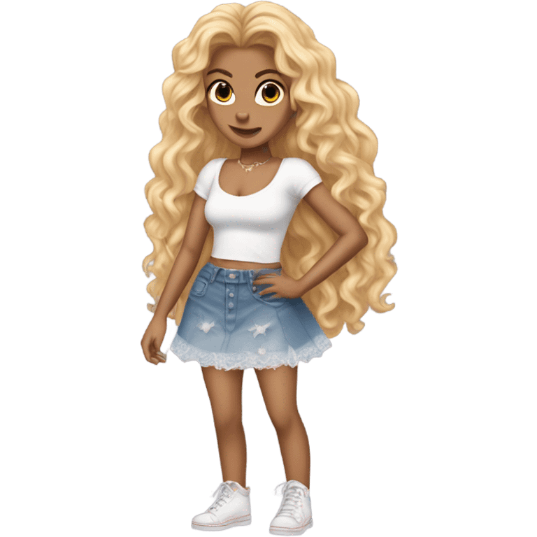 Glinda wearing ripped jeans and short skirt and a Shakira lace up croc top  emoji