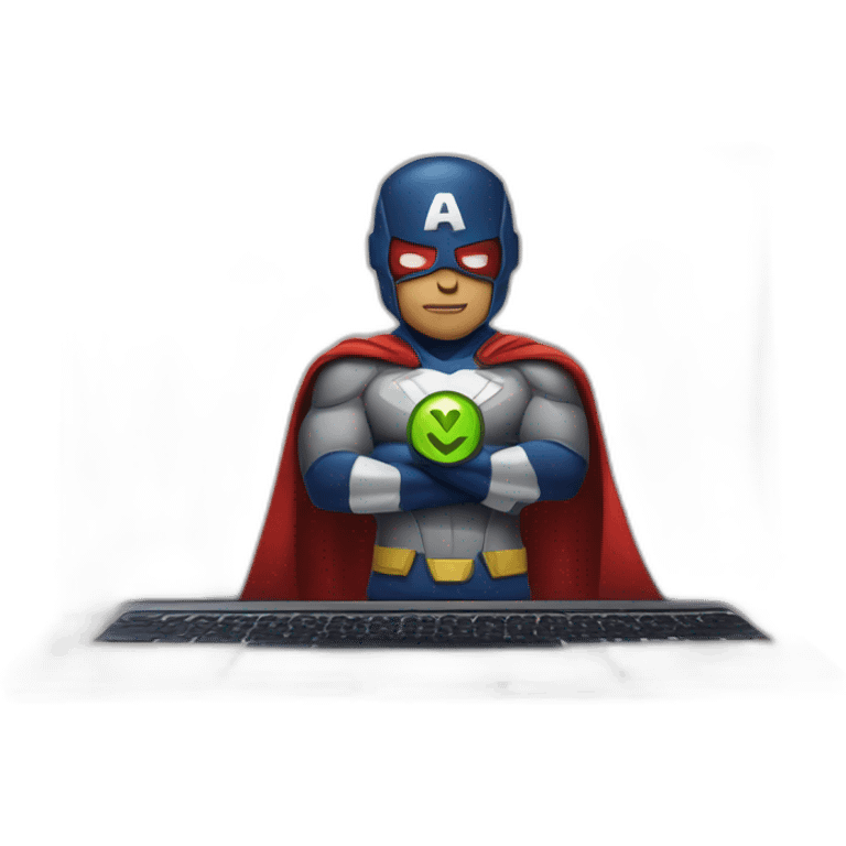 superhero with a rocket emblem sitting in front of his macbook emoji