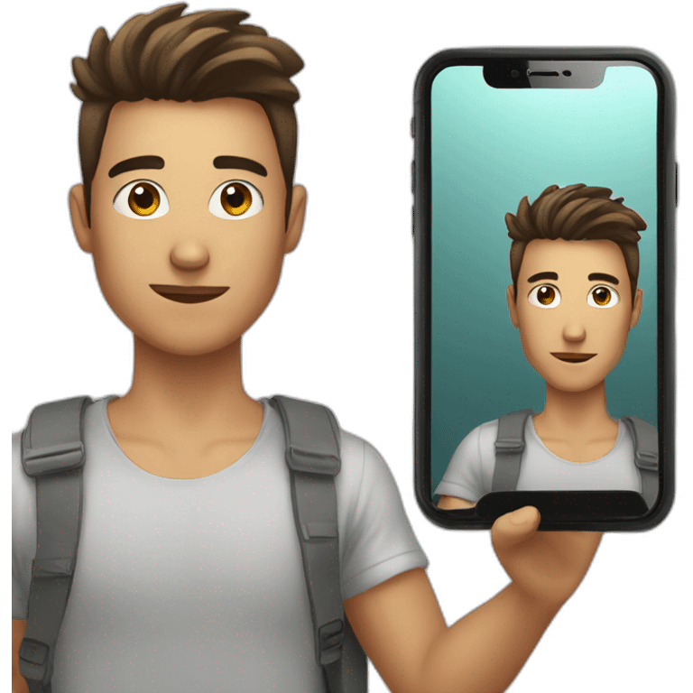 A young man taking mirror photo with i phone emoji