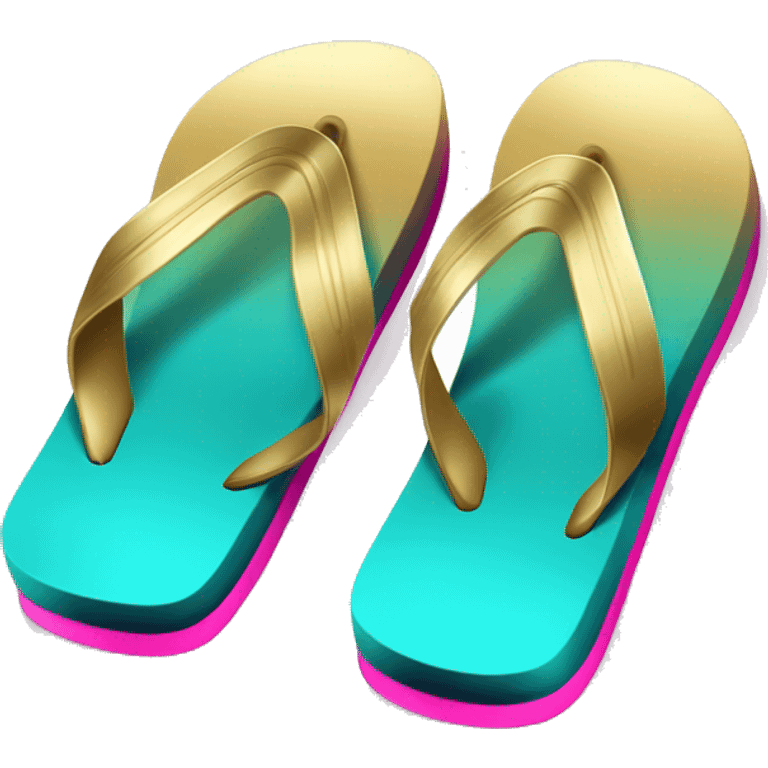 Realistic metallic gold ,hot pink and dark turquoise gradient pair of summer flip flops isolated. emoji