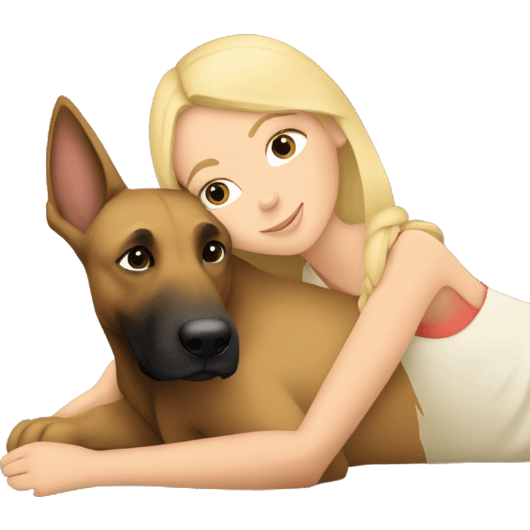 A white blond girl cuddles with  a Belgian malinois emoji