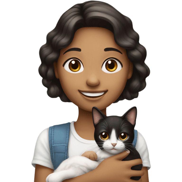 smiling girl holding a black and white kitty emoji