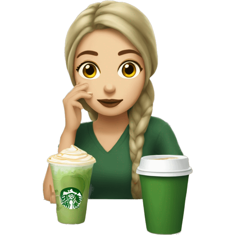 Slavic girl drinking matcha latte from Starbucks emoji