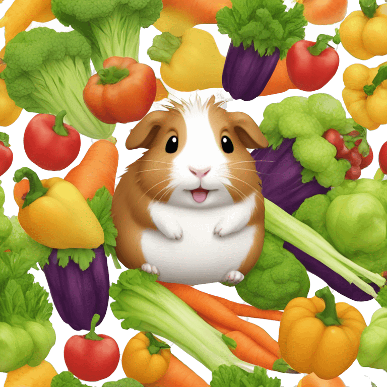 Guineapig playing on a huge pile of veggies and fruit emoji