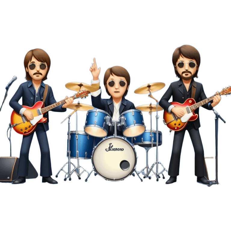 Rock music icon: The Beatles performing live on stage. John Lennon with guitar, Paul McCartney with bass, George Harrison with guitar, Ringo Starr on drums. Bright lights, energetic performance. Transparent background. emoji