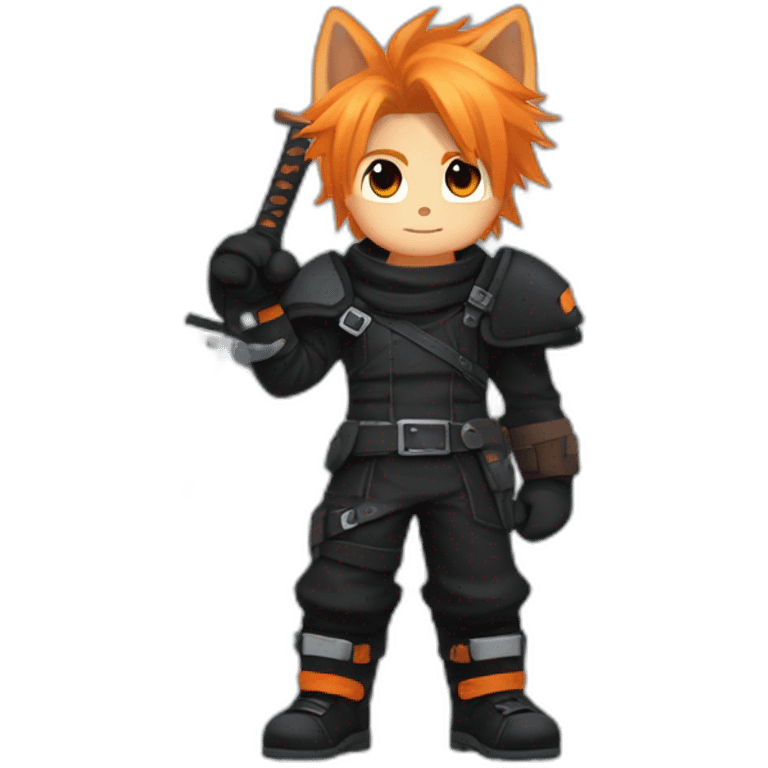 cloud strife  with orange hair. Black clothes full body with Buster sword and black and brown and white Rottweiler husky  emoji