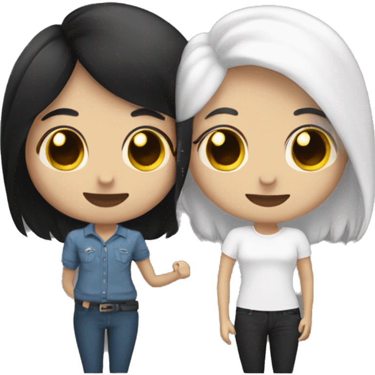 A lesbian couple with white skin and long black hair flirting emoji