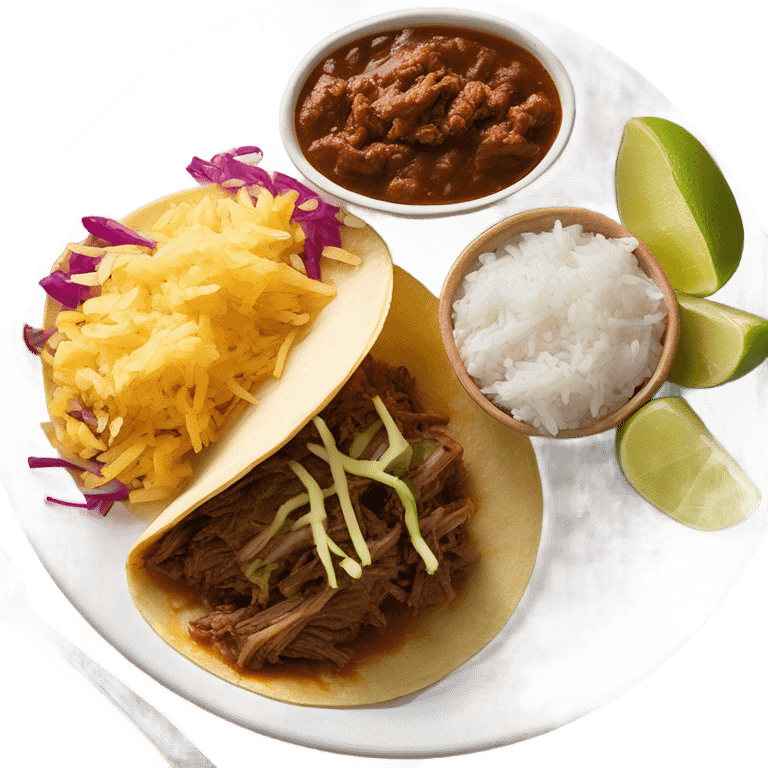 Cheesy shredded beef Birria tacos on a white plate with consome and rice on the side emoji