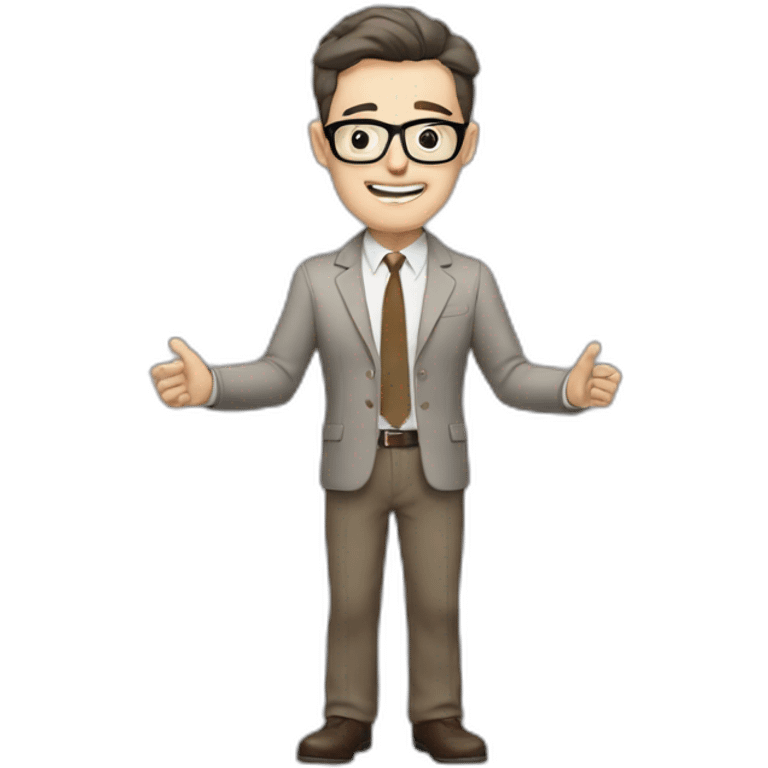 To belt Actively gesturing with hands Pale skinned fit man with dark brown hair in gray jacket, beige office shirt, brown tie, brown pants and vintage glasses. emoji