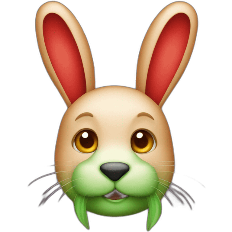 a red rabbit with green ears and a big nose emoji