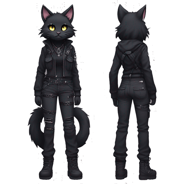 Gorgeous furry gothic dark techwear anime style anthro black cat furry sona Fakemon with blushing face aesthetic and pretty edgy black with collar and harness trending style chains cargo pants tomboy emoji