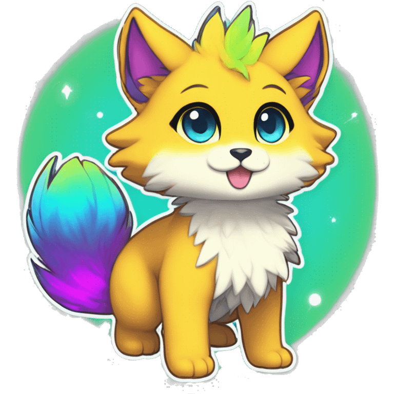 Anthro Fluffy Cool Cute Magical Elemental Shiny Colorful Neon Vibrant Colors Sparkle Kemono-style Chibi Fantasy-Animal-Fakémon-Pokémon-Hybrid Fur Sona Aesthetic Full Body Sticker emoji