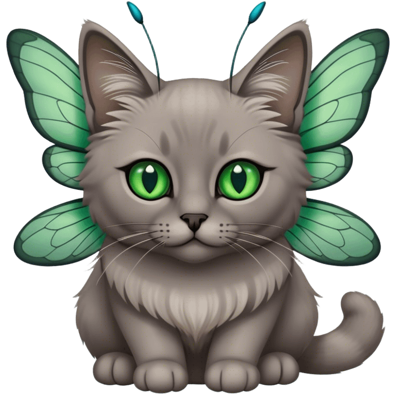 dark gray ragdoll Cat with dragonfly wings antennae green eyes emoji