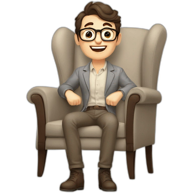 Joyful Celebrating victory Pale skinned Fit Man With dark brown hair in gray jacket, beige office shirt, Brown pants and vintage glasses sitting In a soft chair emoji