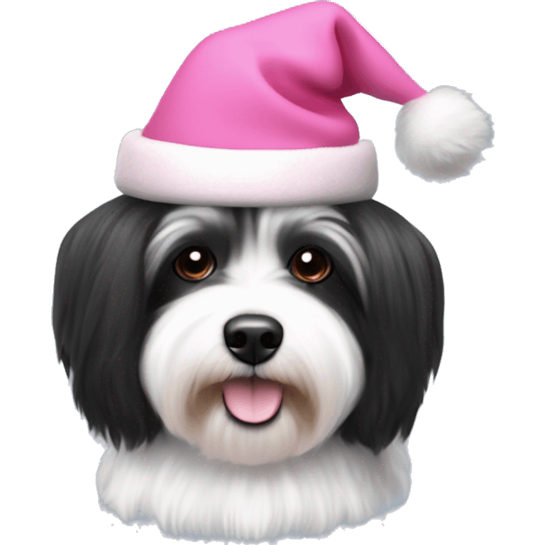 Black and white havanese dog medium fur length with a pink Christmas hat slouched at the top of its head tilting to the right emoji