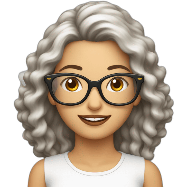  mujer blanca pelo largo onduladp marrón con lentes emoji