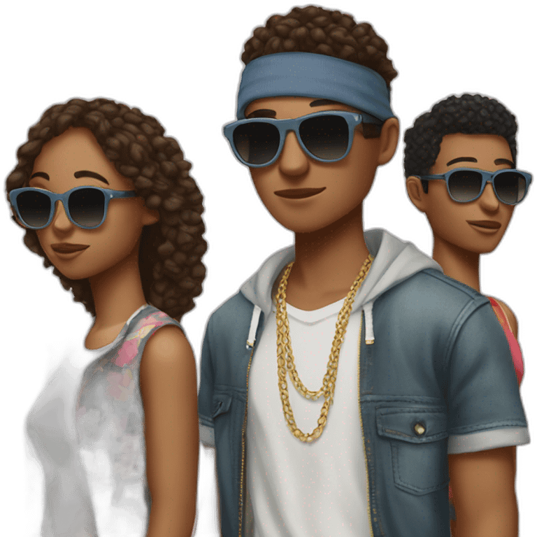 three cool teenagers wearing sunglasses, wearing hipop cloth emoji