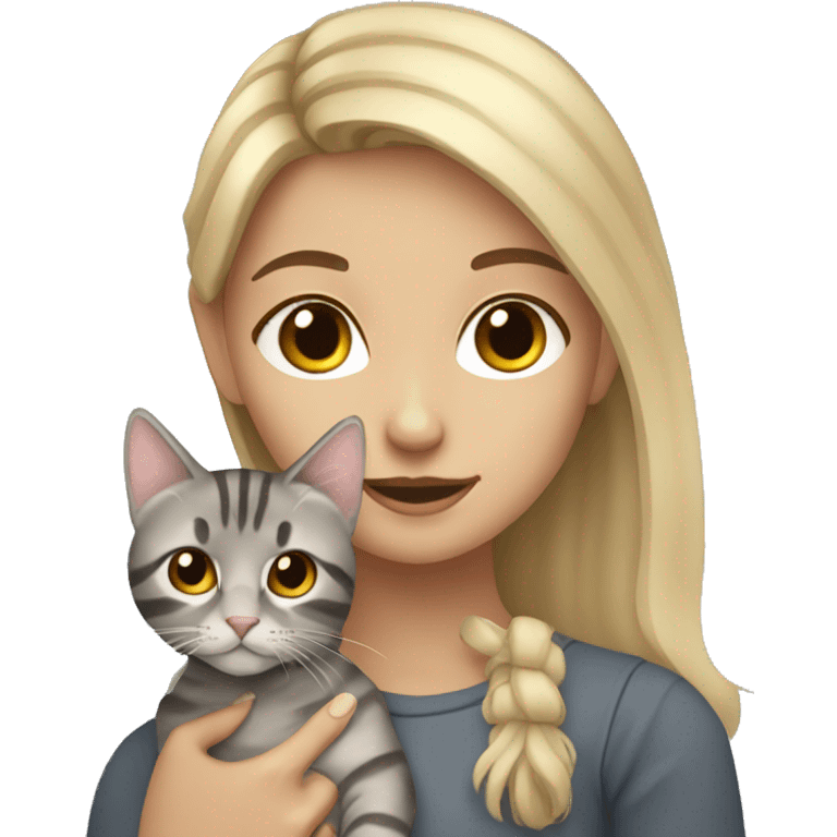 Blonde girl with brown eyes holding a gray tabby cat emoji