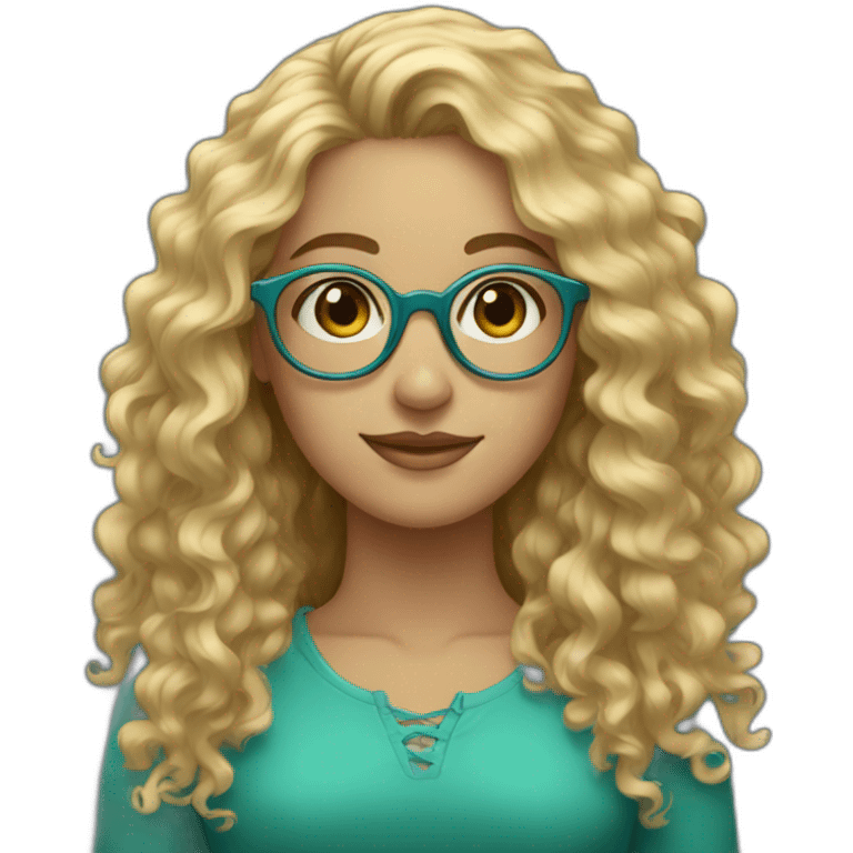 a young woman with long blonde curly hair, golden round glasses and blue-green eyes emoji