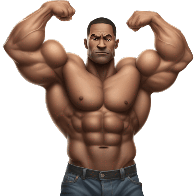 A hyper-muscular man with veins prominently visible across his massive arms and chest, each of his arms measuring 80 centimeters in width. his exaggerated physique creates an even more surreal and intense visual. emoji