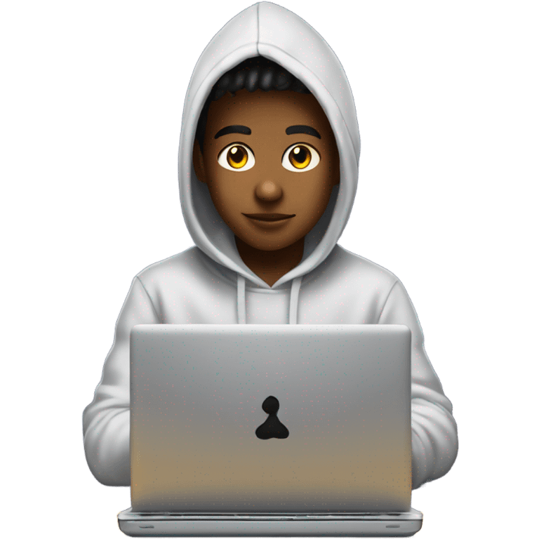 a 13 year old boy wearing a hoodie coding on a laptop with cool effects emoji