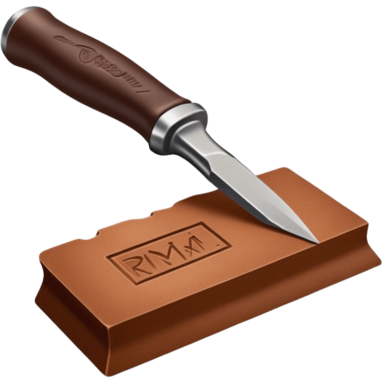 Leatherworking icon, piece of raw leather with started engraving, engraving tool or chisel, stamp or press, textured surface, minimalistic style, clean lines, transparent background. emoji