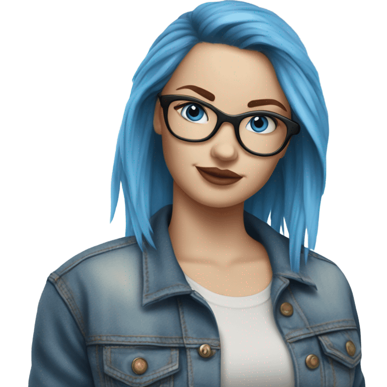 Create a Hyper Realistic pale beautiful tattooed 3D woman with glasses and blue eyes wearing denim jacket emoji