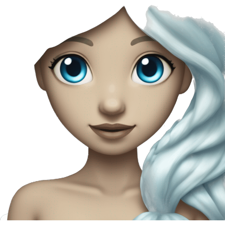 Iridescent silver mermaid tail full body blue eyes almond skin girl long white hair emoji