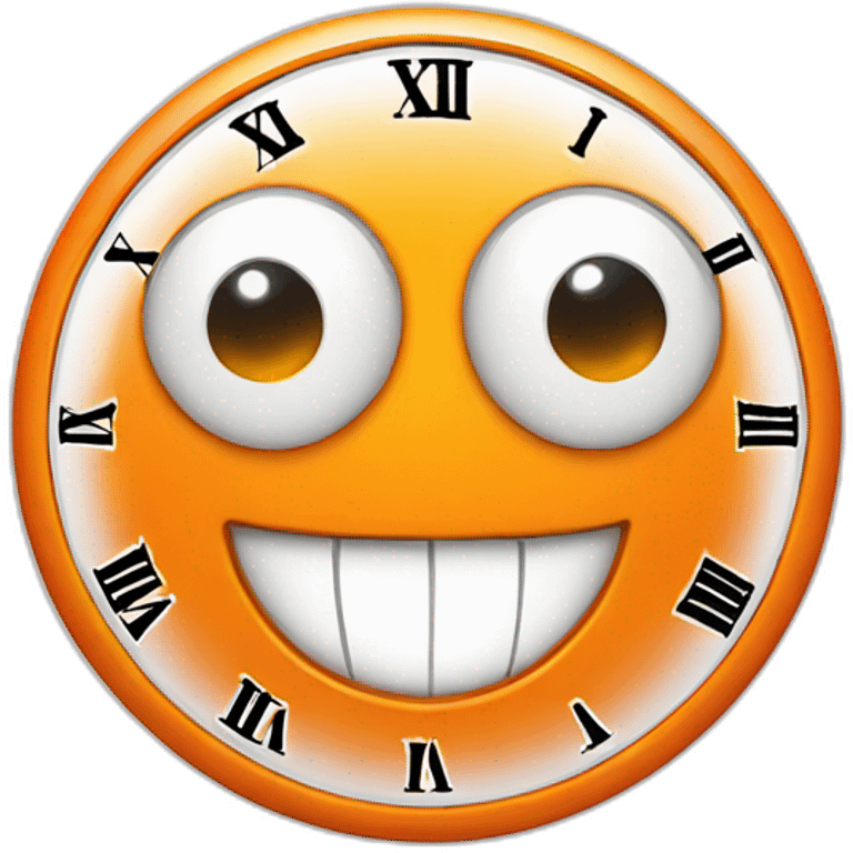 orange clock with eyes and mouth smiling emoji