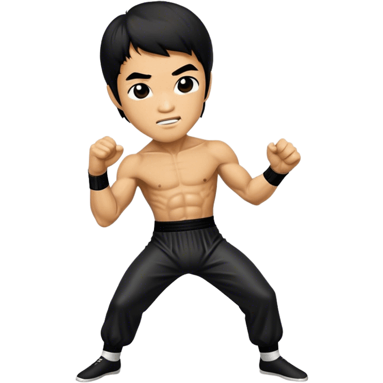 Cinematic Realistic Bruce Lee Pop Culture Emoji, featuring a dynamic portrayal of the legendary martial artist rendered with crisp detail and energetic lighting. emoji