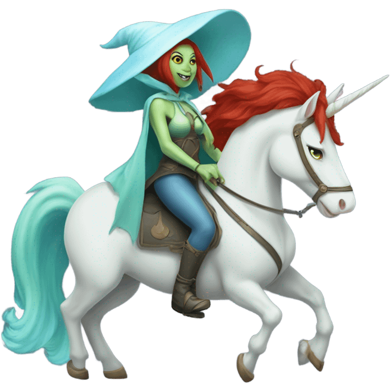 [politically incorrect, shield(
	{ female, alien, witch, color: light green, hair:red, eyes:cat} ]
	on a 
	[{ unicorn: white, legged:four, mane: light blue }]) emoji