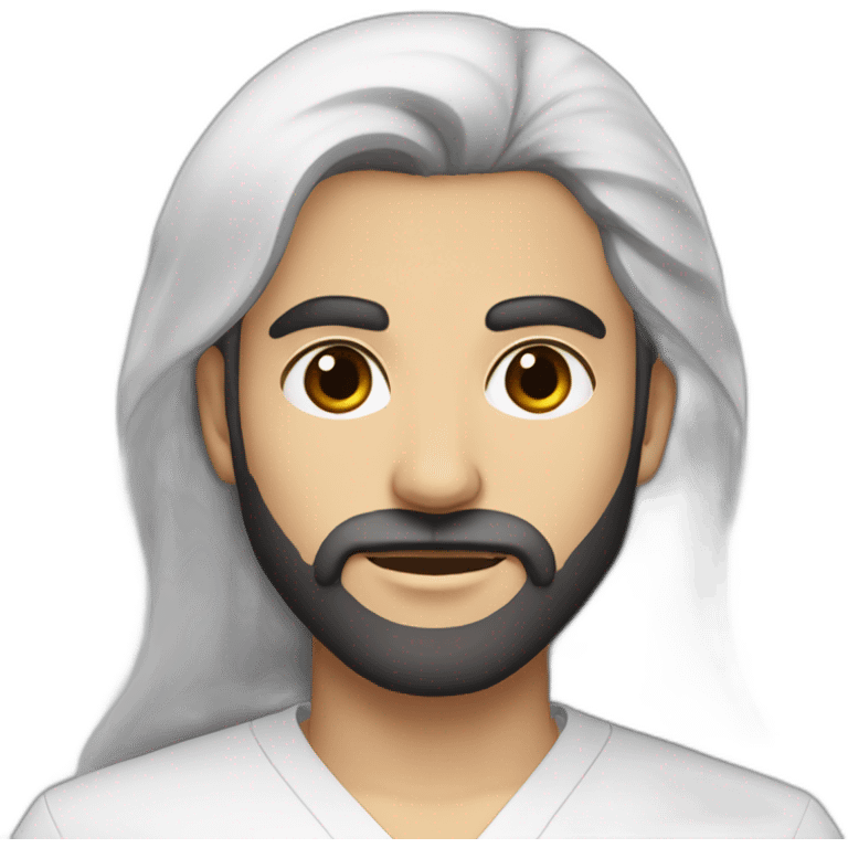 An Iranian man with fair skin, with relatively long hair and an English model, with a medical uniform and a medium-shaded black beard, handsome black eyes and a round face and big lips. emoji