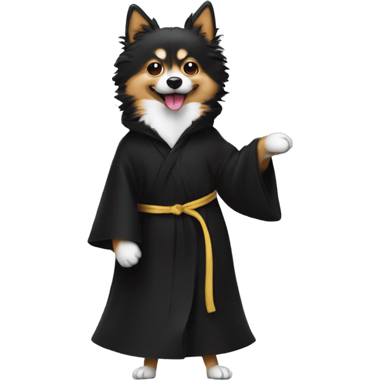 Spitz stands on its hind legs in heels and in a black robe  emoji