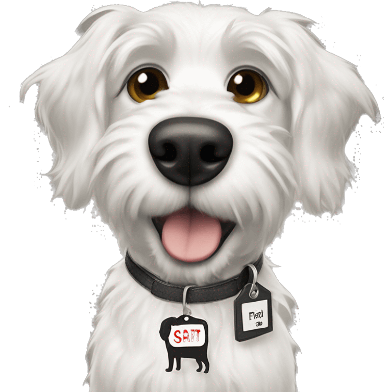 Scruffy white and black dog with a name tag that says Stuart  emoji