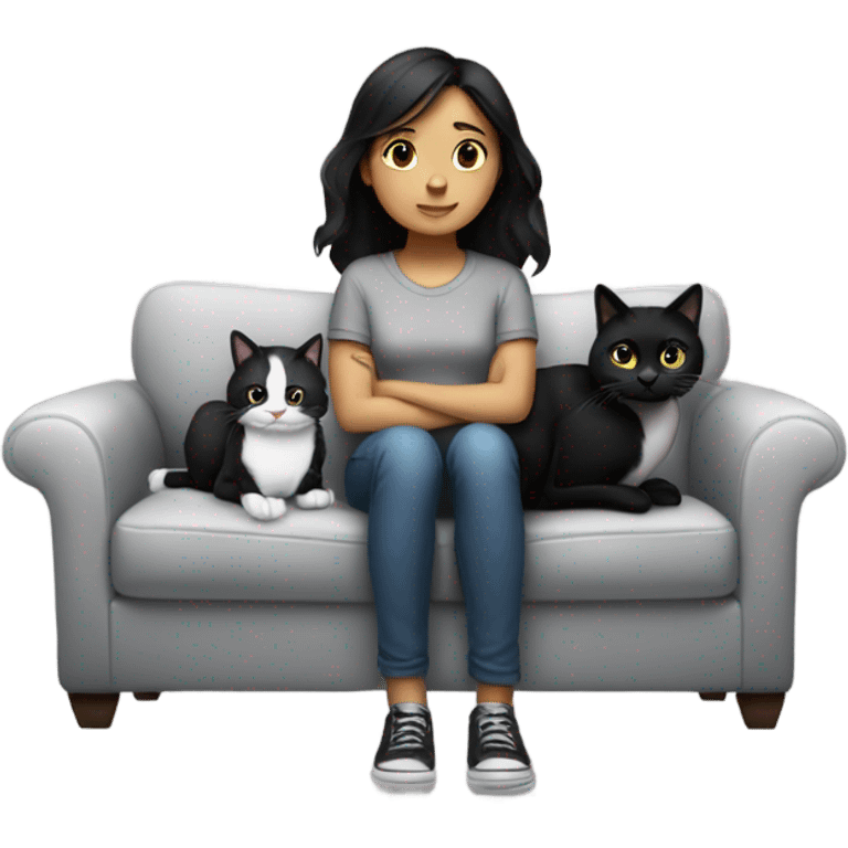 dark haired girl sitting on couch with a black and white cat in her lap emoji