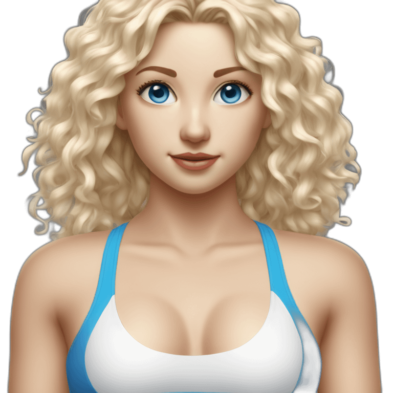 hyperrealist-white-long-curly-blonde-hair-blue-eyes-girl-with-white-sports-bra-tight-swim suit and-sneakers-facing-towards-camera emoji