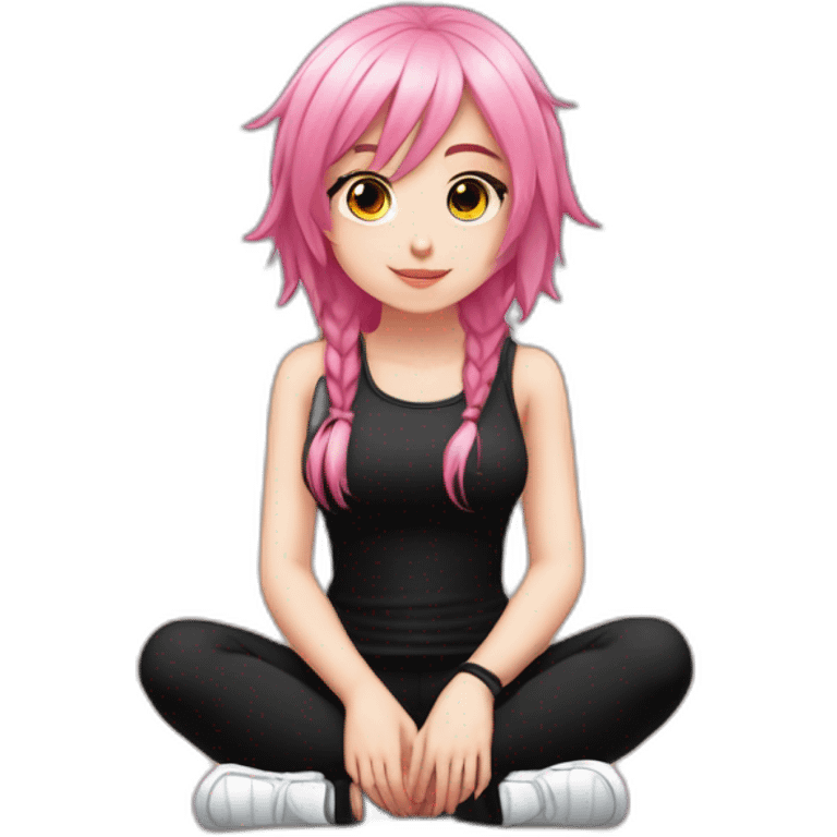 Full body Front view curvy emo girl pink hair sits on the floor straight view hands up black skirt белые трусики полосатые рваные чулки emoji