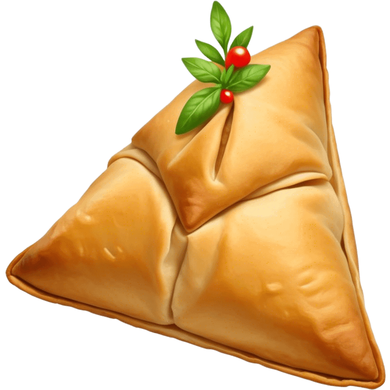 Samosa Cinematic Realistic Samosa Snack Emoji, depicted as a crispy, golden triangular pastry filled with spiced vegetables or meat, rendered with rich textures and vibrant, appetizing lighting. emoji