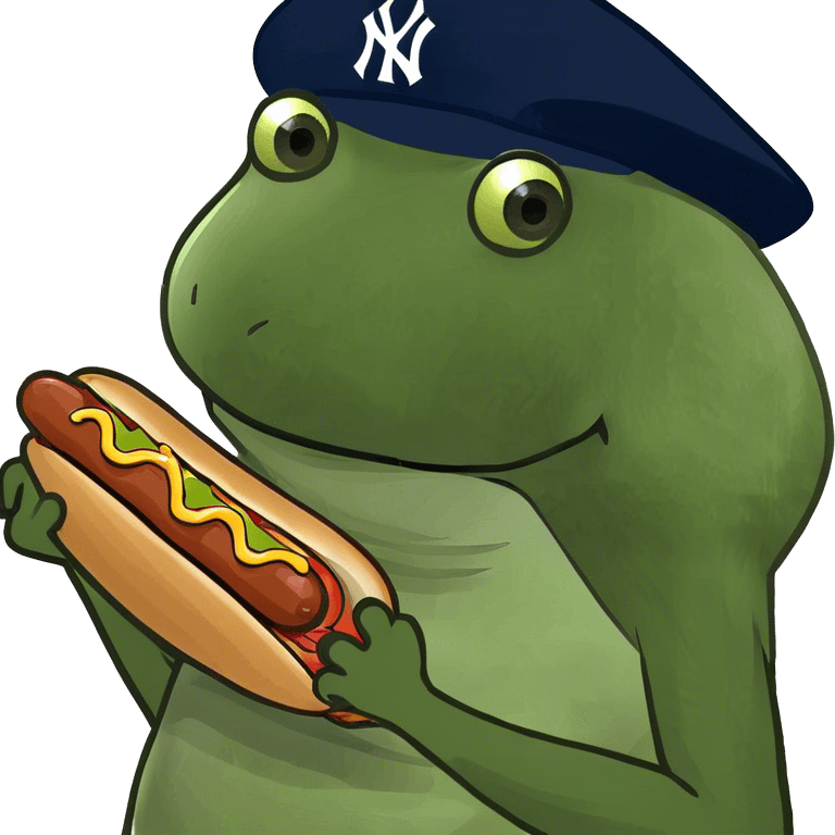 wearing a yankees hat, holding a hotdog emoji