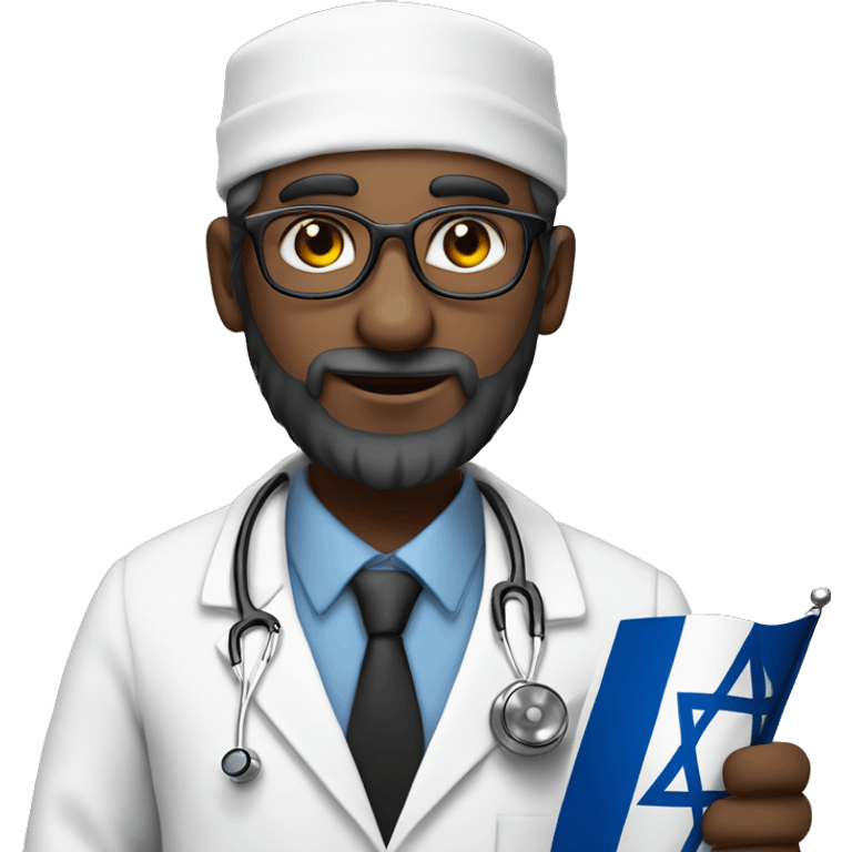 rabbin with Sidelocks holding israel flag in his hands while wearing a doctor white coat with a stethoscope  emoji